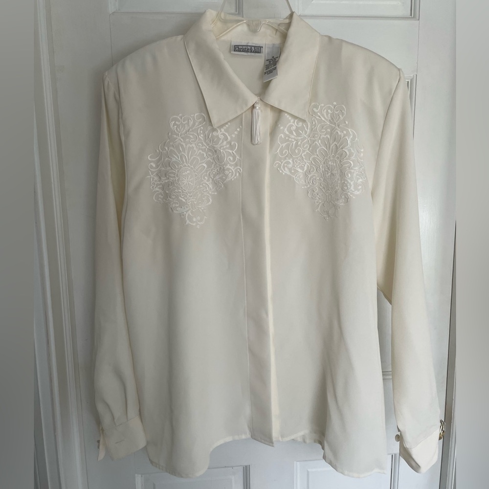 Vintage embroidered tassel front, off white blouse, size 18 by Christie and Jill
